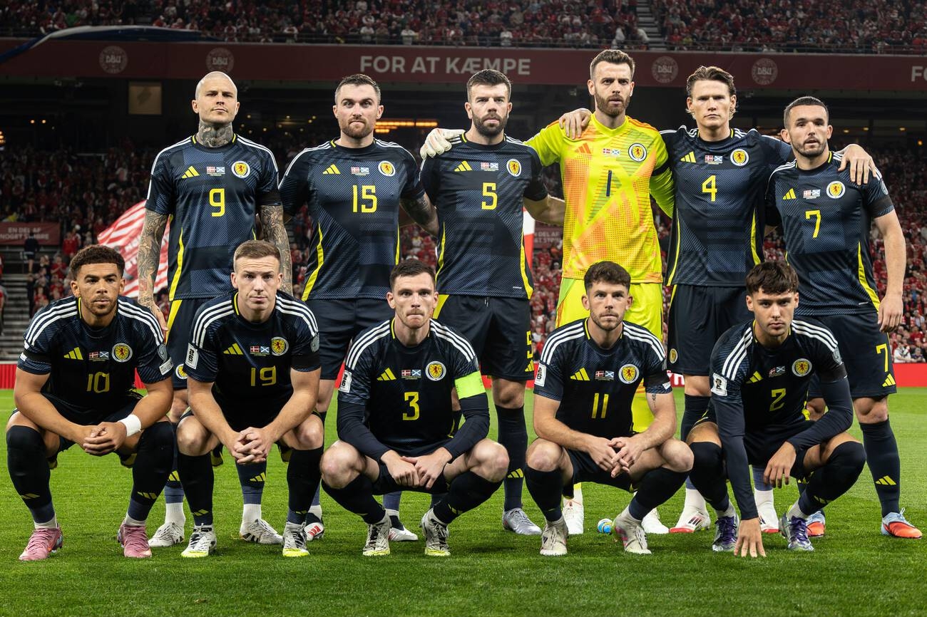 Copenhagen, Denmark. 05th Sep, 2025. Scotland's football team players pose for a team photo prior to the prior to the FIFA World Cup 2026 qualifier match between Denmark and Scotland at Parken Stadium.
