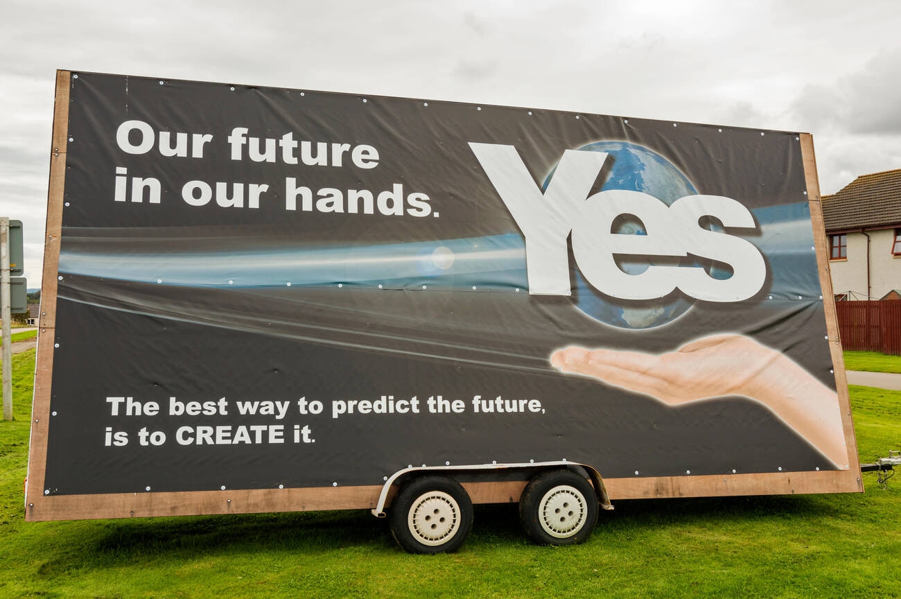 Scottish Independence referendum 2014 large vote yes sign or hoarding on the roadside Elgin, Moray